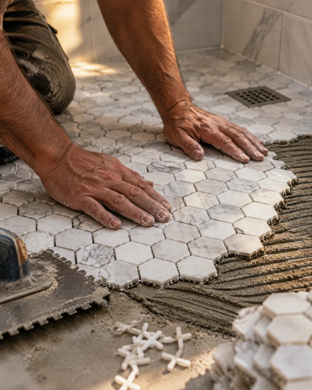 Tile setter pressing marble hexagon mosaic into thinset