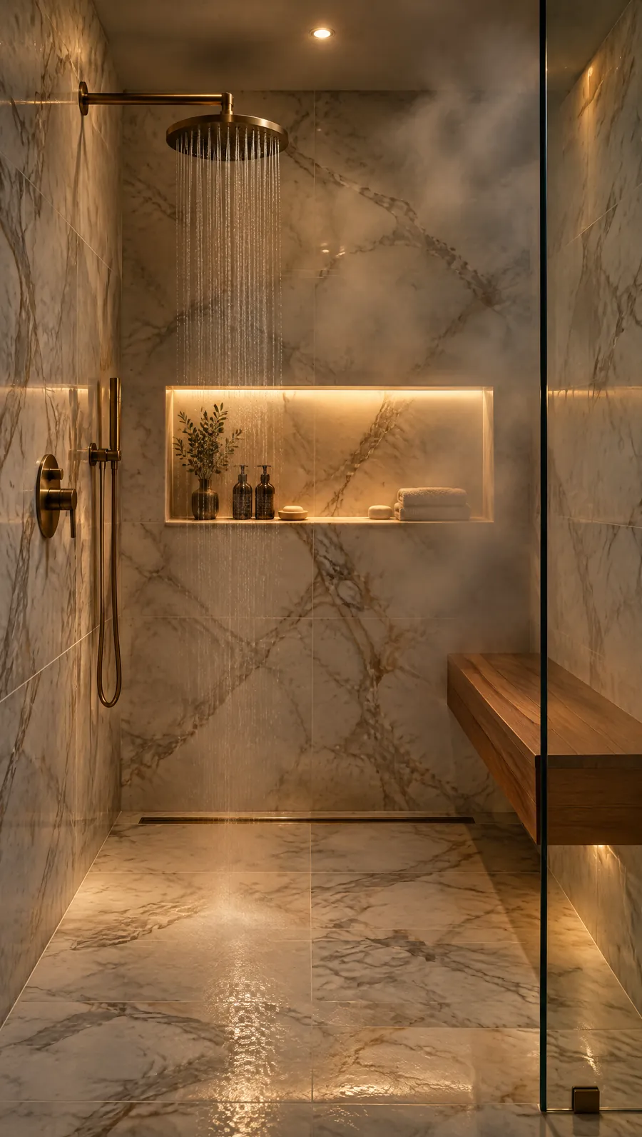Walk-in shower with a lit niche and rain head